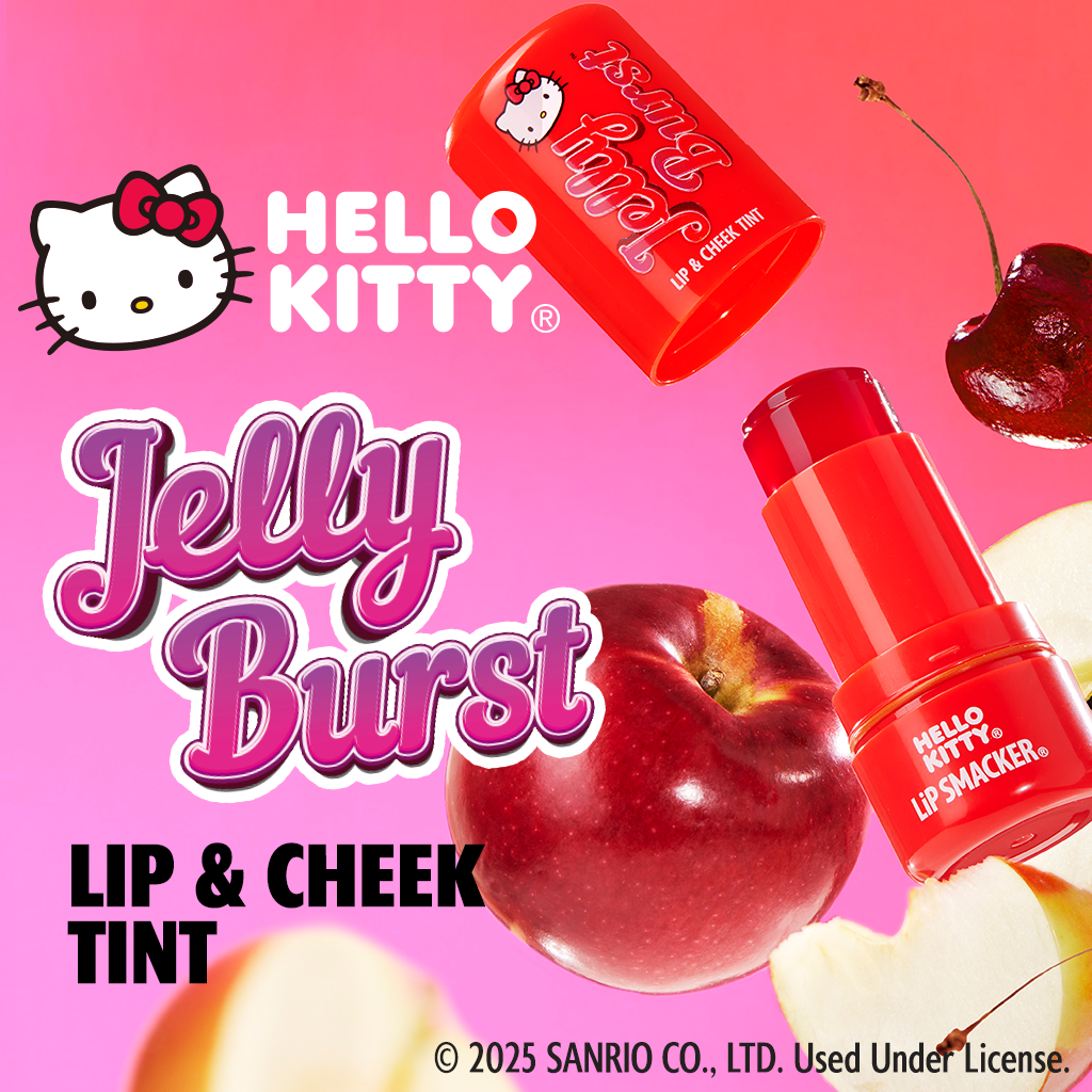 Hello Kitty Jelly Burst Lip & Cheek Tint with apples and a cherry on a pink background