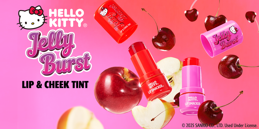 Hello Kitty Jelly Burst lip and cheek tint with cherries and apples on a pink background