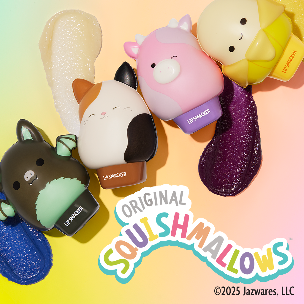 Collection of colorful lip smackers with squishmallow designs on a gradient background, featuring the Original Squishmallows logo.