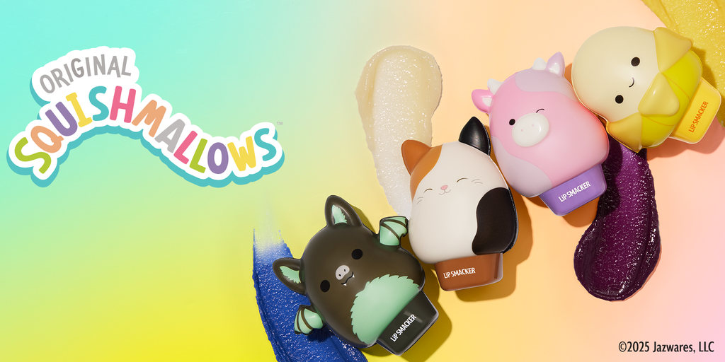 Squishmallows toys on a gradient background with 'Original Squishmallows' branding.