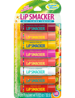 Lip Smacker | Tropical Fever Lip Balm Party Pack | Front Packaged Product View featuring flavors: Passion Fruit Island · Sunset Peach · Breezy-Tea-zy · Piña Colada · Grapefruit Delight · Coco Cabana · Tiki Tangerine · Mango Mix on white background