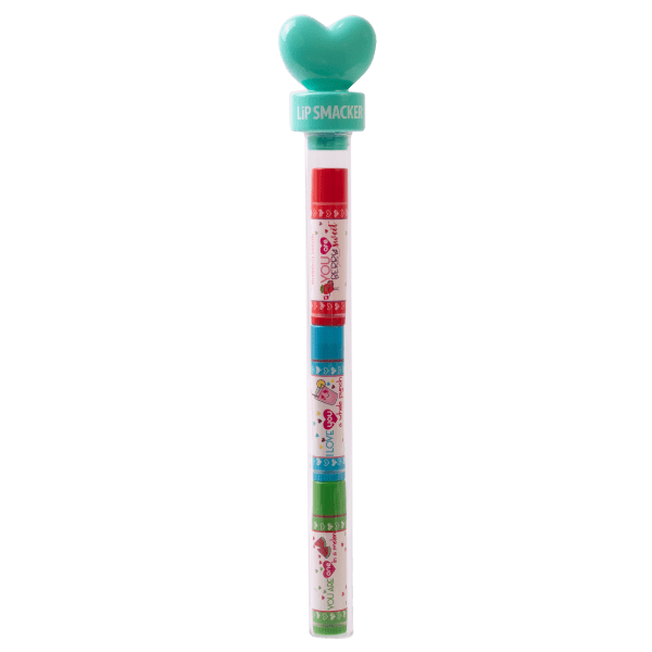 Lip Smacker | 3 Piece Lip Balm with Heart Topper | Product front facing in tube caps fastenend, with no background