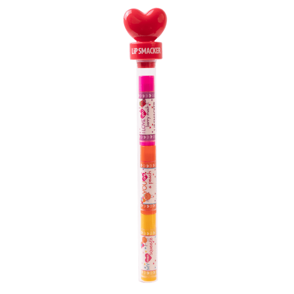 Lip Smacker | 3 Piece Lip Balm with Heart Topper - Red | Product front facing in tube caps fastenend, with no background
