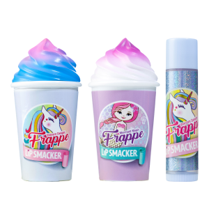 Magical Frappe Collection 3 Pack Beverage Lip Balm - Unicorn & Mermaid | Lip Smacker | Products front facing cap fastened, with no background