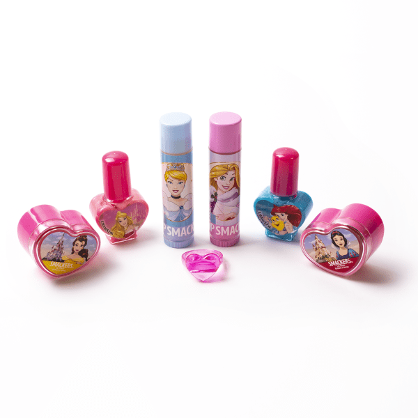 Lip Smacker | Disney Princess Tote | Open Product View includes nail polishes, lip balms, and hair accessories featuring Belle from Beauty and the Beast, Ariel from The Little Mermaid, Rapunzel from Tangled, Aurora from Sleeping Beauty, Cinderella, and Snow White