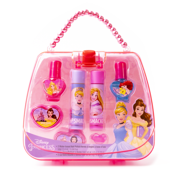 Lip Smacker | Disney Princess Tote | Front Packaged Product View includes nail polishes, lip balms, and hair accessories featuring Belle from Beauty and the Beast, Ariel from The Little Mermaid, Rapunzel from Tangled, Aurora from Sleeping Beauty, Cinderella, and Snow White