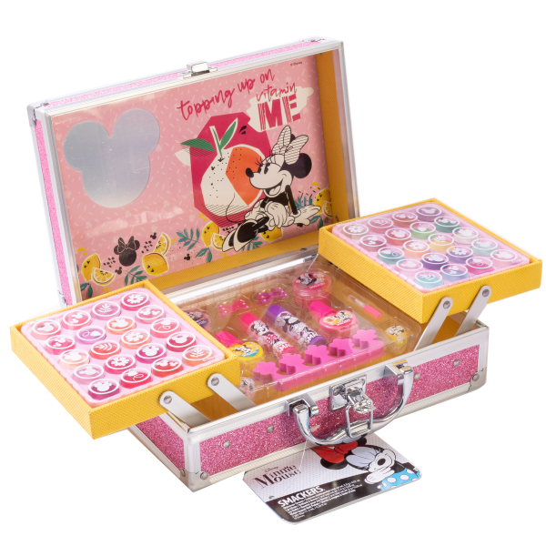 Lip Smacker | Disney Minnie Mouse Train Case | Product angled case open, with no background.