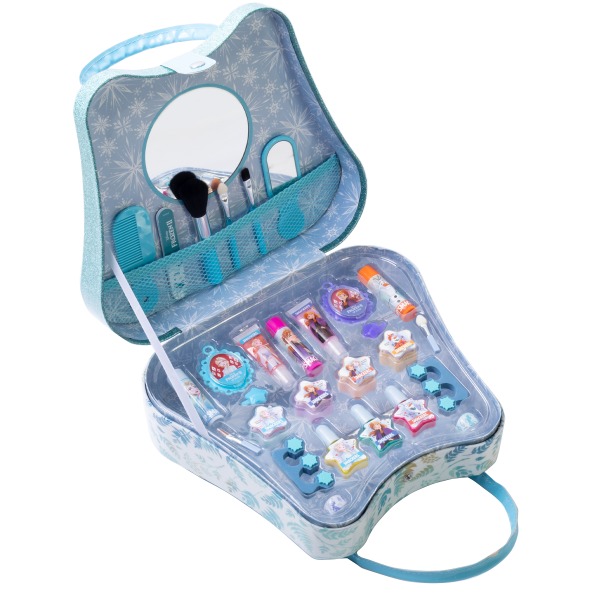 Lip Smacker | Disney Frozen II Weekender Bag | Open Product View featuring nail polishes, lip balms, hair accessories plus a collectible bag