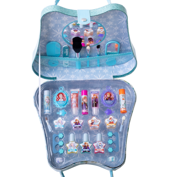 Lip Smacker | Disney Frozen II Weekender Bag | Open Product View featuring nail polishes, lip balms, hair accessories plus a collectible bag