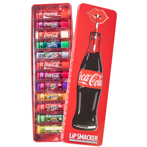 Lip Smacker | 12 Piece Coca-Cola Lip Balm Vault | Product front facing lid open, with no background.