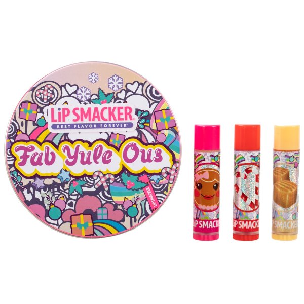 Lip Smacker | Original & Best Fab-Yule-Ous Lip Balm Tin Trio | Product front facing, closed cap, out side of packaging, white background