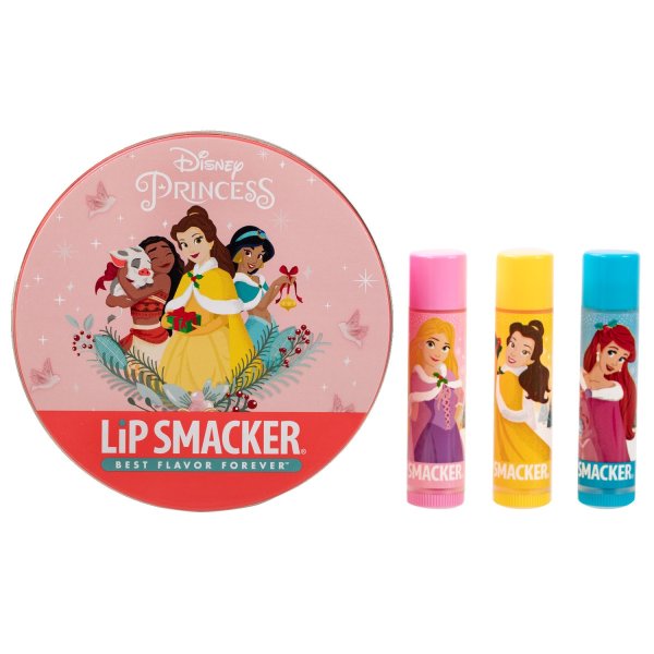 Lip Smacker | Disney Princess Lip Balm Tin Trio | Product front facing, out side of packaging, white background