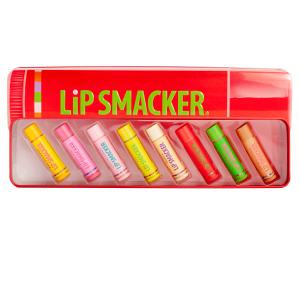 Lip Smacker | Tin Lip Balm Vault - products front facing in open tin, lid on top, with no background
