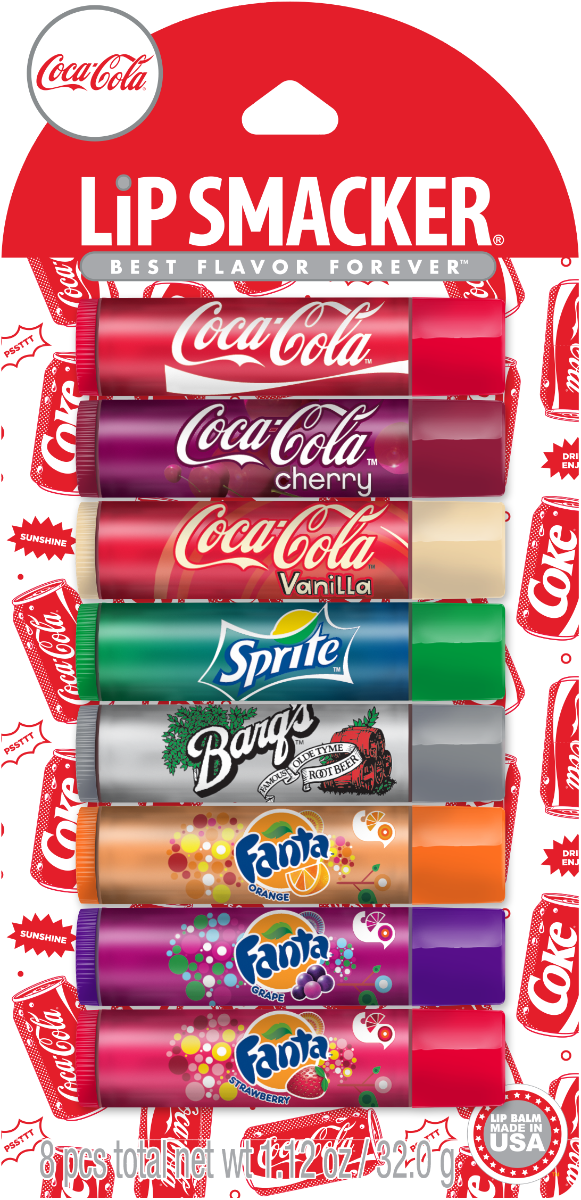 Lip Smacker | Coca Cola Party Pack | Front Packaged Product View | Includes flavors: Coca-Cola, Coca-Cola Cherry, Coca-Cola Vanilla, Sprite, Barqis Root Beer, Fanta Grape, Fanta Orange, Fanta Strawberry on white background