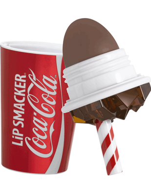 Coca-Cola Cup Lip Balm | Open Product View on brown lip balm on white background