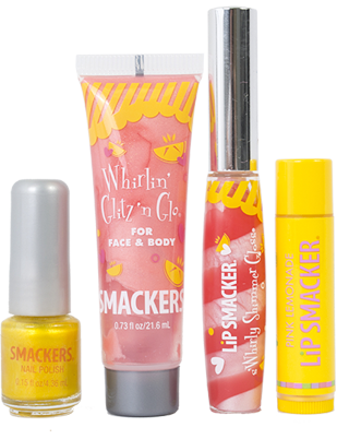 Lip Smacker | Pink Lemonade Glam Bag - products front facing with cap fastened, no bag, with no background